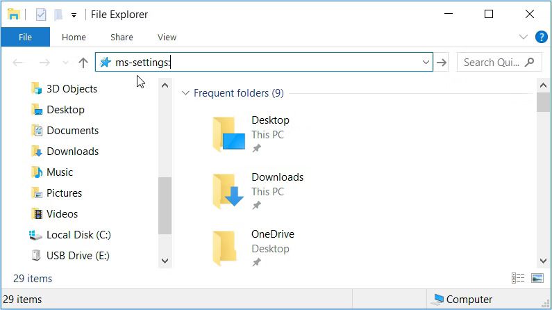 Opening the Windows System Settings via File Explorer's Address Bar