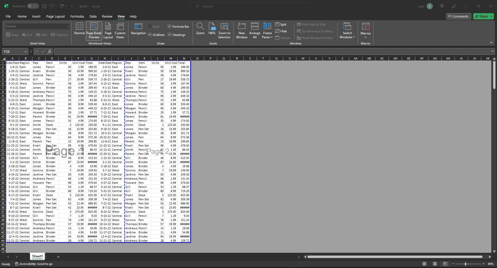 Ví dụ ngắt trang với dữ liệu mẫu trong trang tính Excel