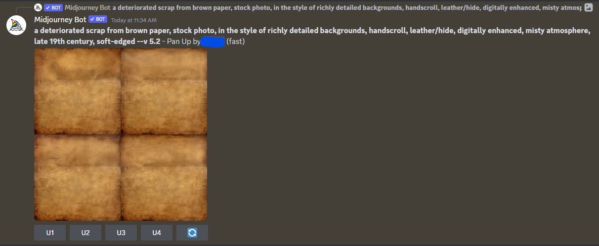 اسکرین شات از چهار تصویر بافت کاغذ قهوه ای با استفاده از گزینه Pan Up در Midjourney