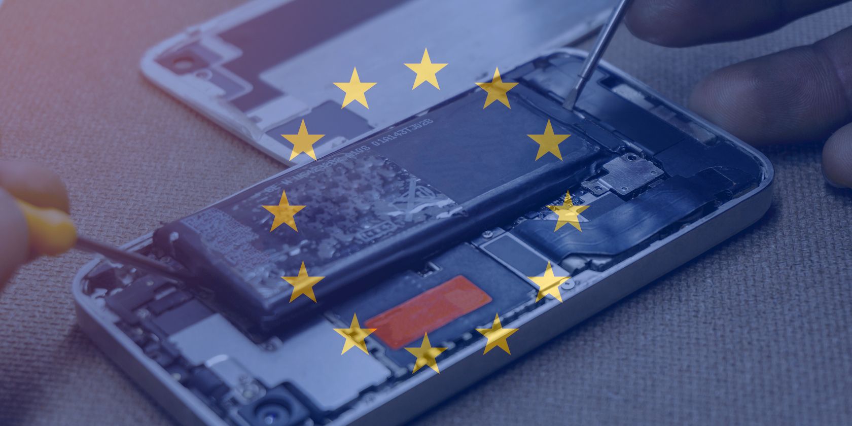 person fixing smartphone battery with eu flag overlay feature