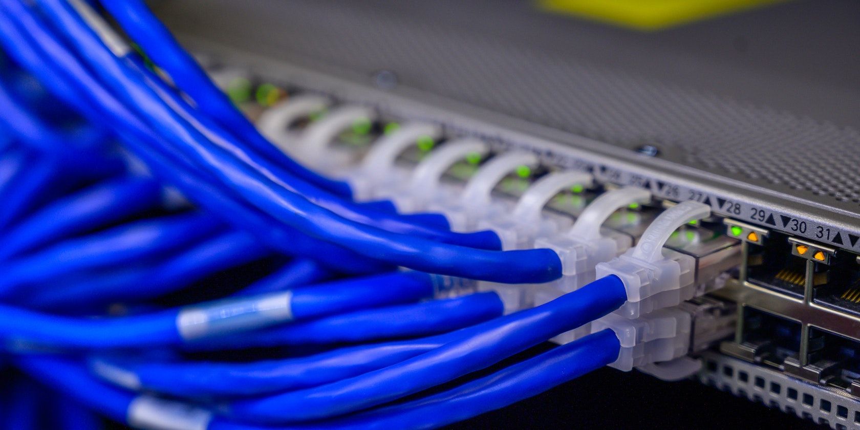 Blue cords connected to Ethernet ports