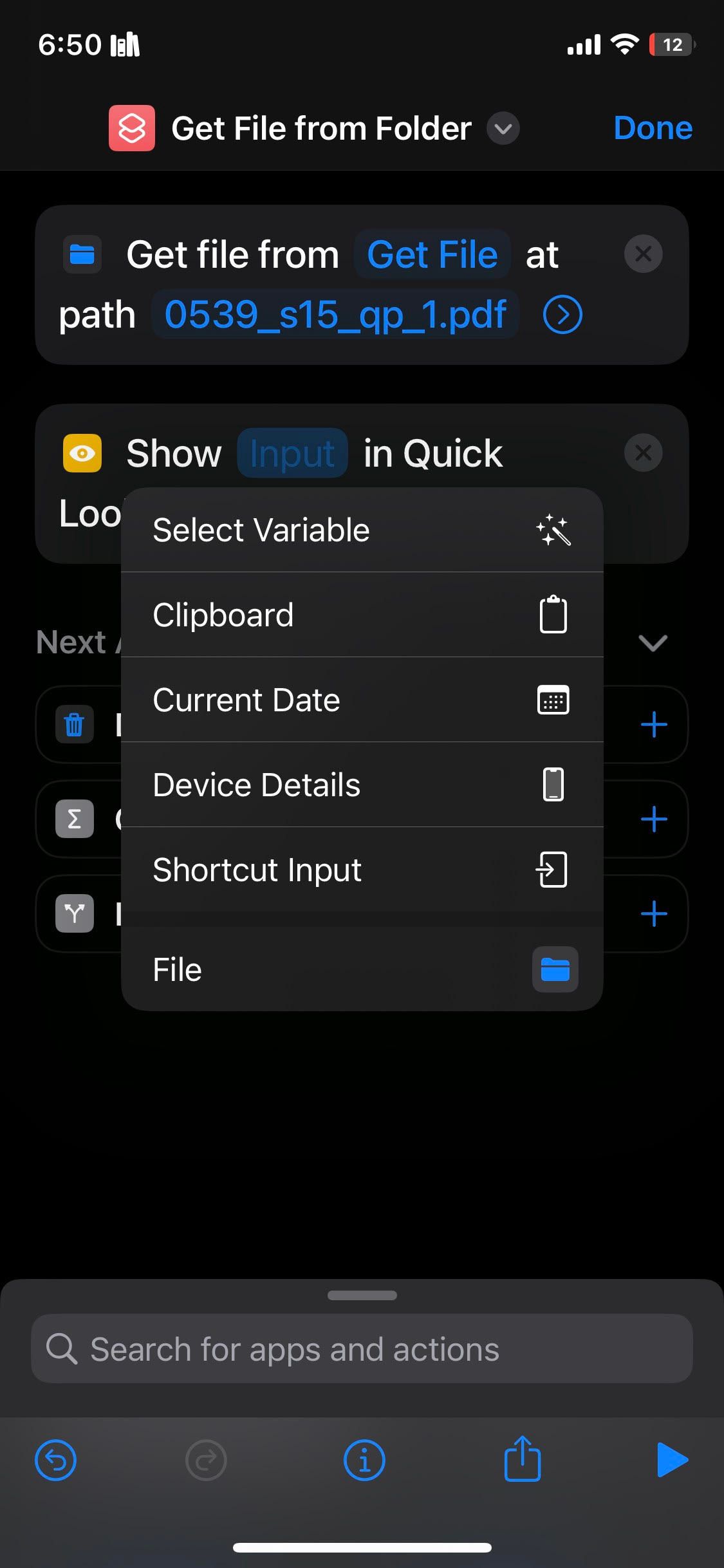 پس از ضربه زدن روی Input Placeholder در Shortcuts، منوی پاپ آپ