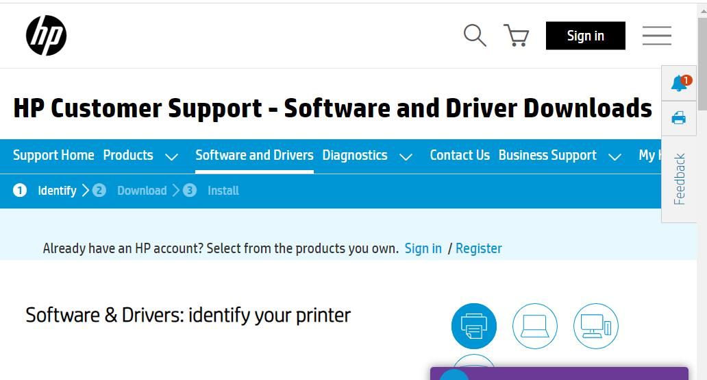 The printer driver downloads section on the HP website 