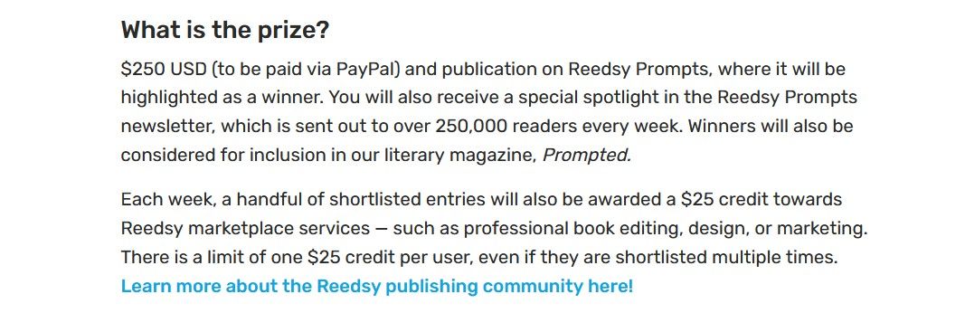 Reedsy Prompts giải thích giải thưởng