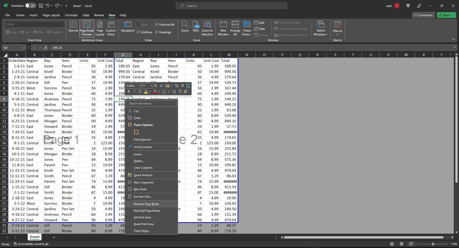 Trang tính Excel đang hiển thị tùy chọn loại bỏ ngắt trang trong Tab Xem trước ngắt trang
