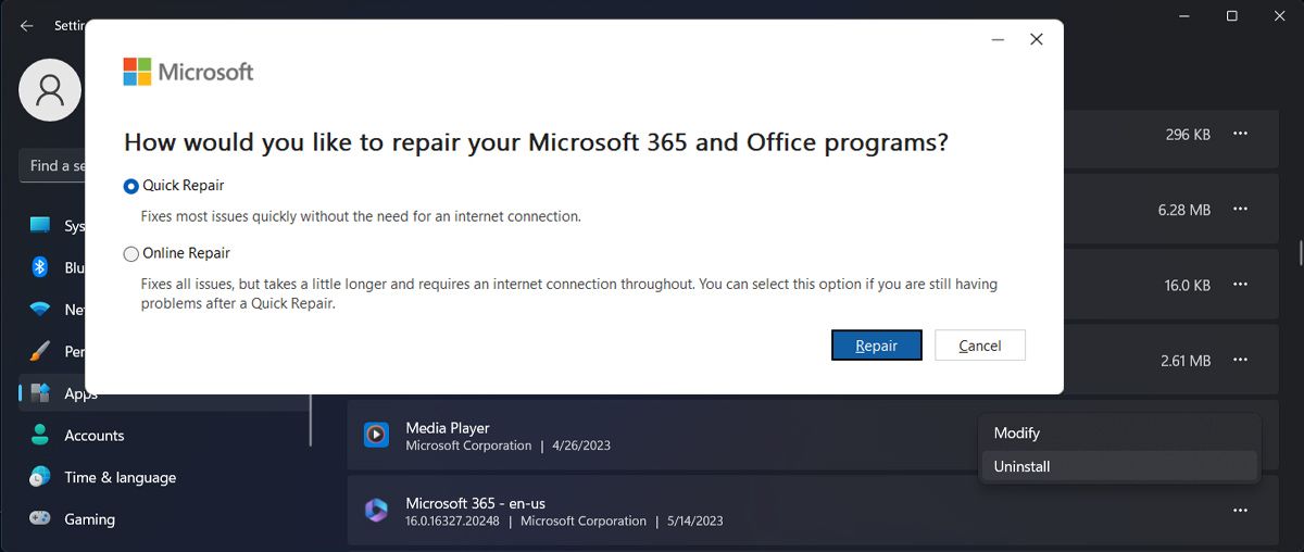 Sửa chữa Microsoft 365 trong Windows 11