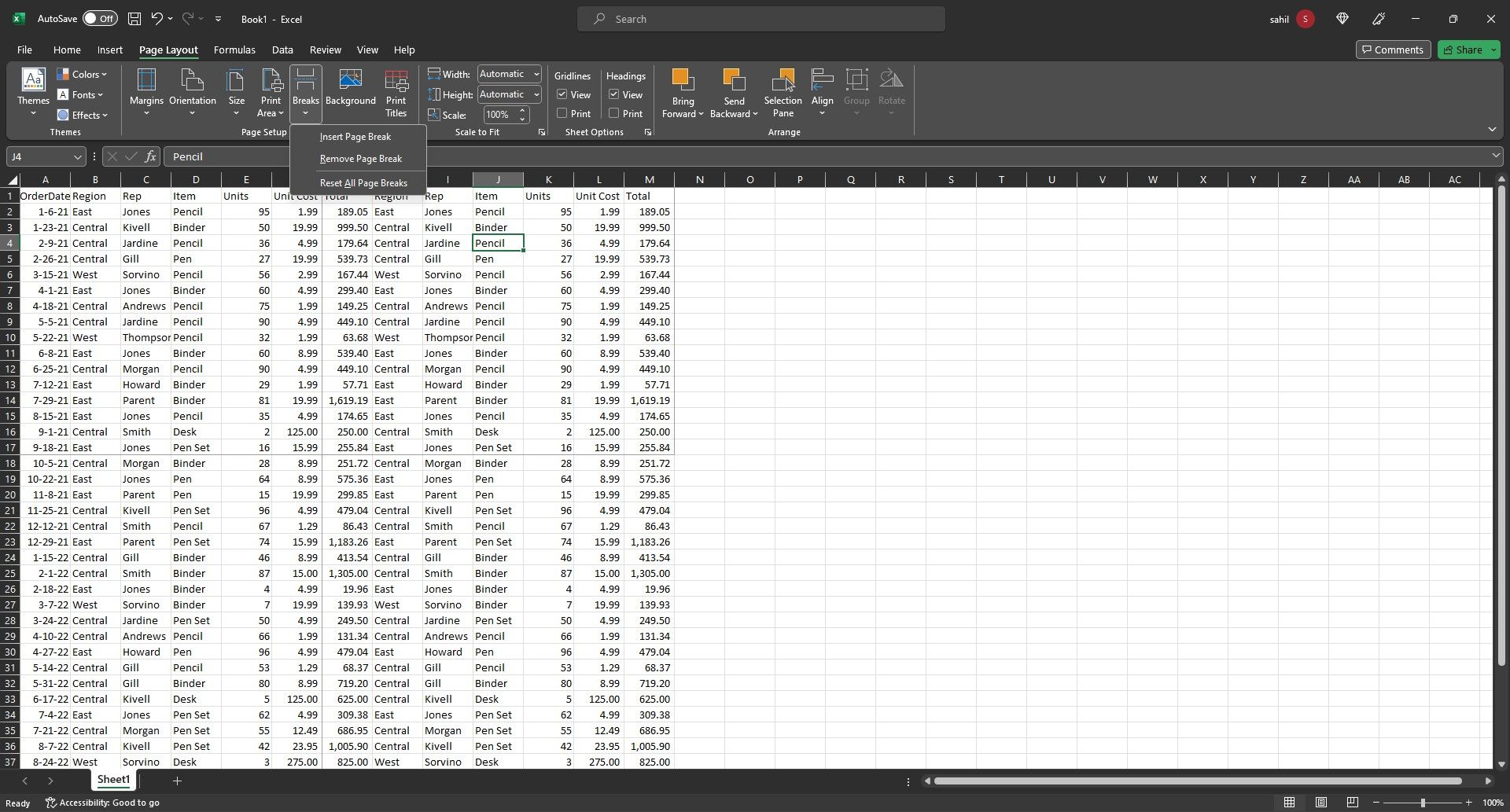 Bảng tính Excel với danh sách các tùy chọn ngắt trang