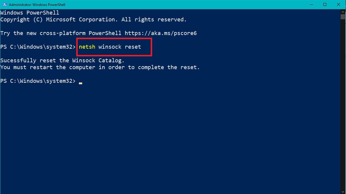 بازنشانی کاتالوگ Winsock با استفاده از Windows PowerShell