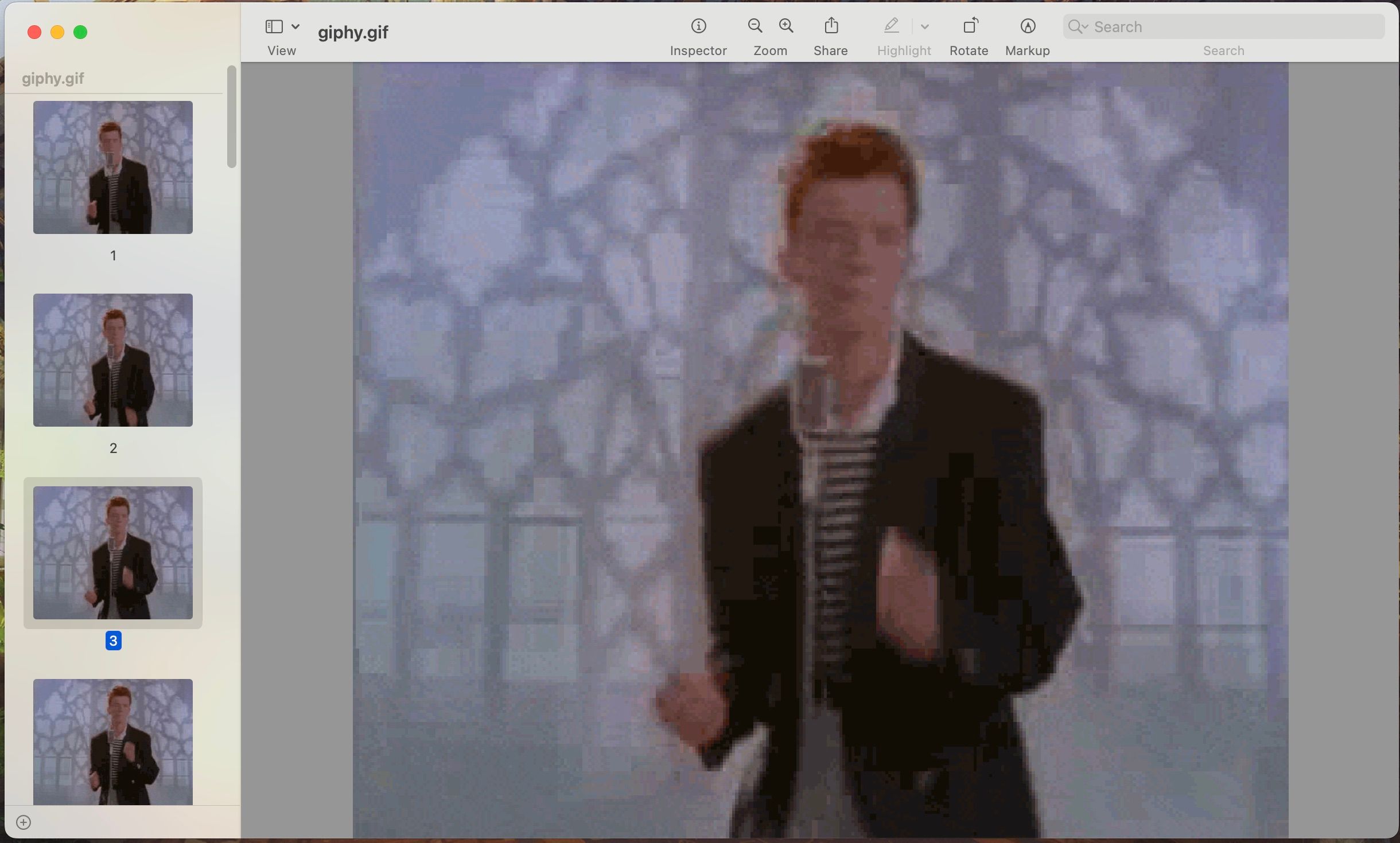 Rick Roll GIF with all the frames on the left sidebar