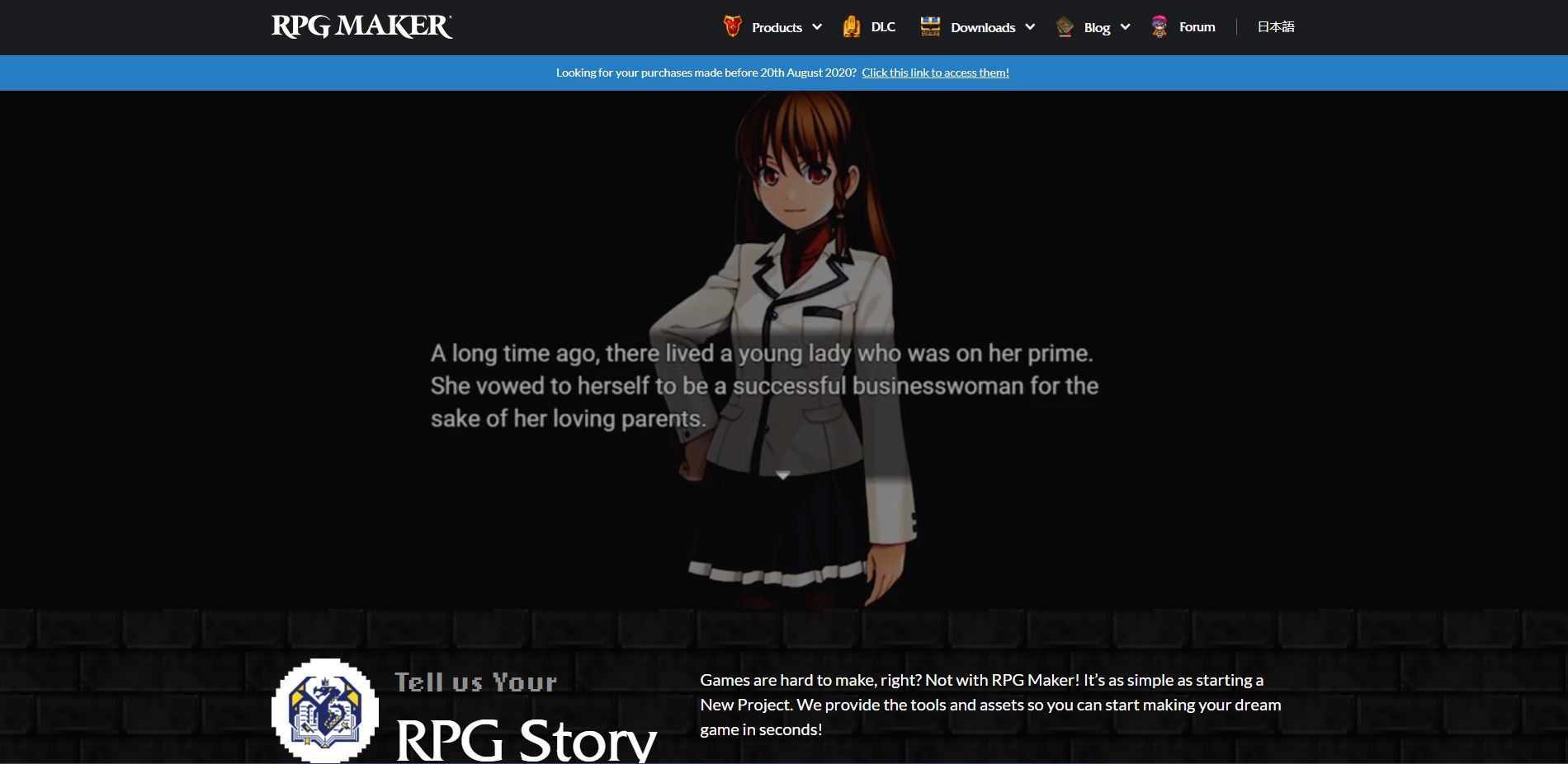 RPG Maker MZ website interface featuring Anime