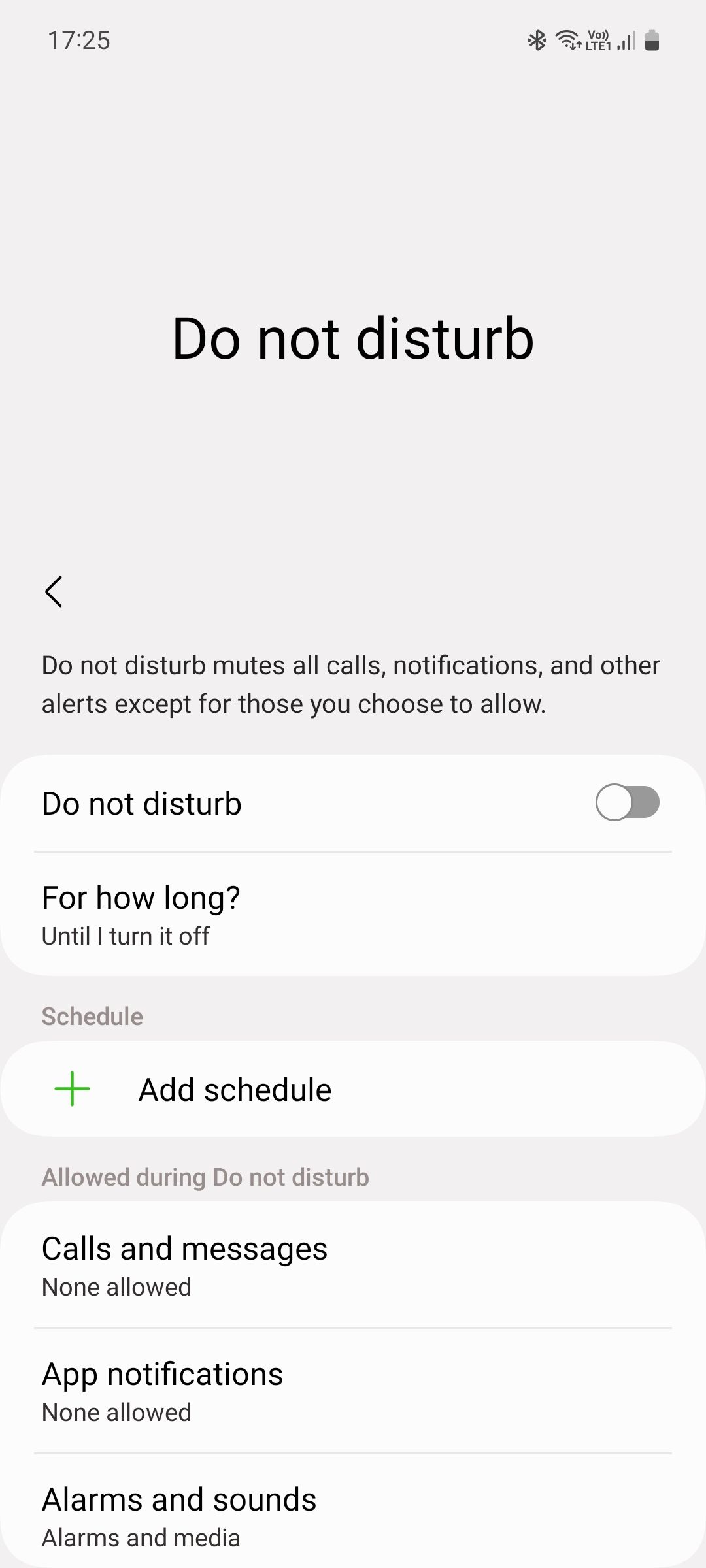Samsung One UI Do not disturb menu