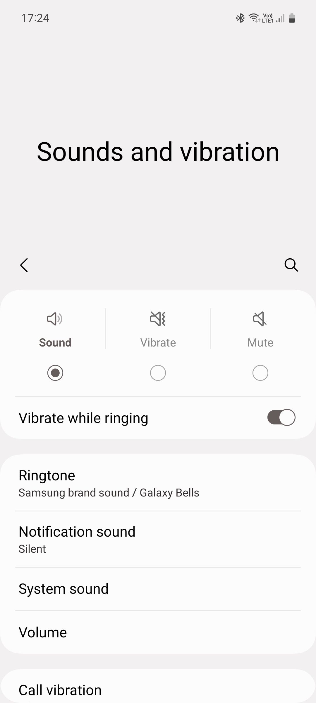 Samsung One UI Sounds and vibration menu