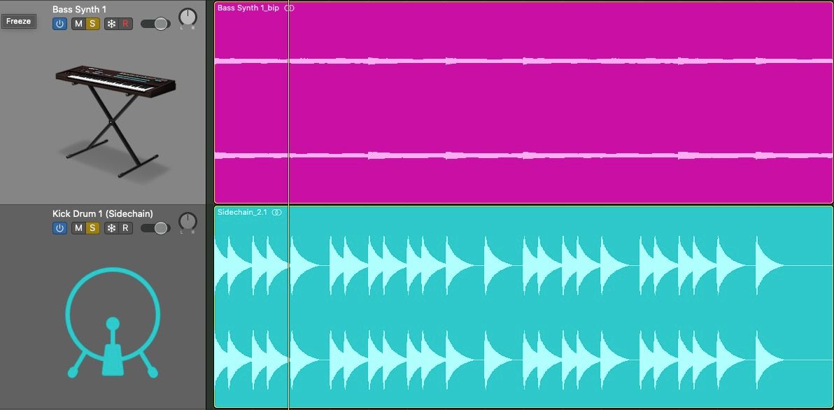 آهنگ Kick Drum برای ورودی sidechain و مسیر Bass synth در Logic Pro X استفاده می‌شود