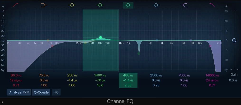 Bộ lọc để thêm phần thân vào guitar trong Channel EQ của Logic Pro