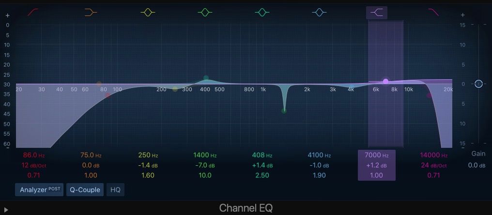 Bộ lọc để thêm không khí vào guitar trong Logic Pro's Channel EQ