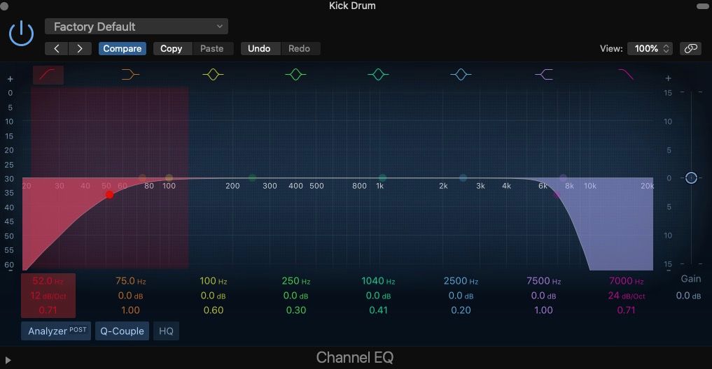 Bộ lọc thông thấp và thông cao cho Kick Drum trong Channel EQ của Logic Pro