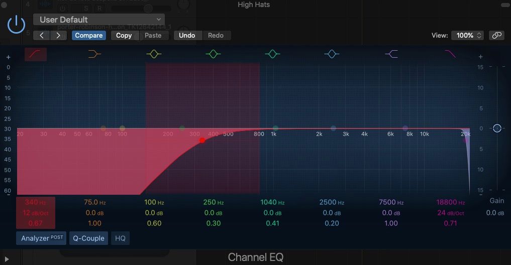 Bộ lọc thông thấp và thông cao cho mũ cao trong EQ kênh của Logic Pro