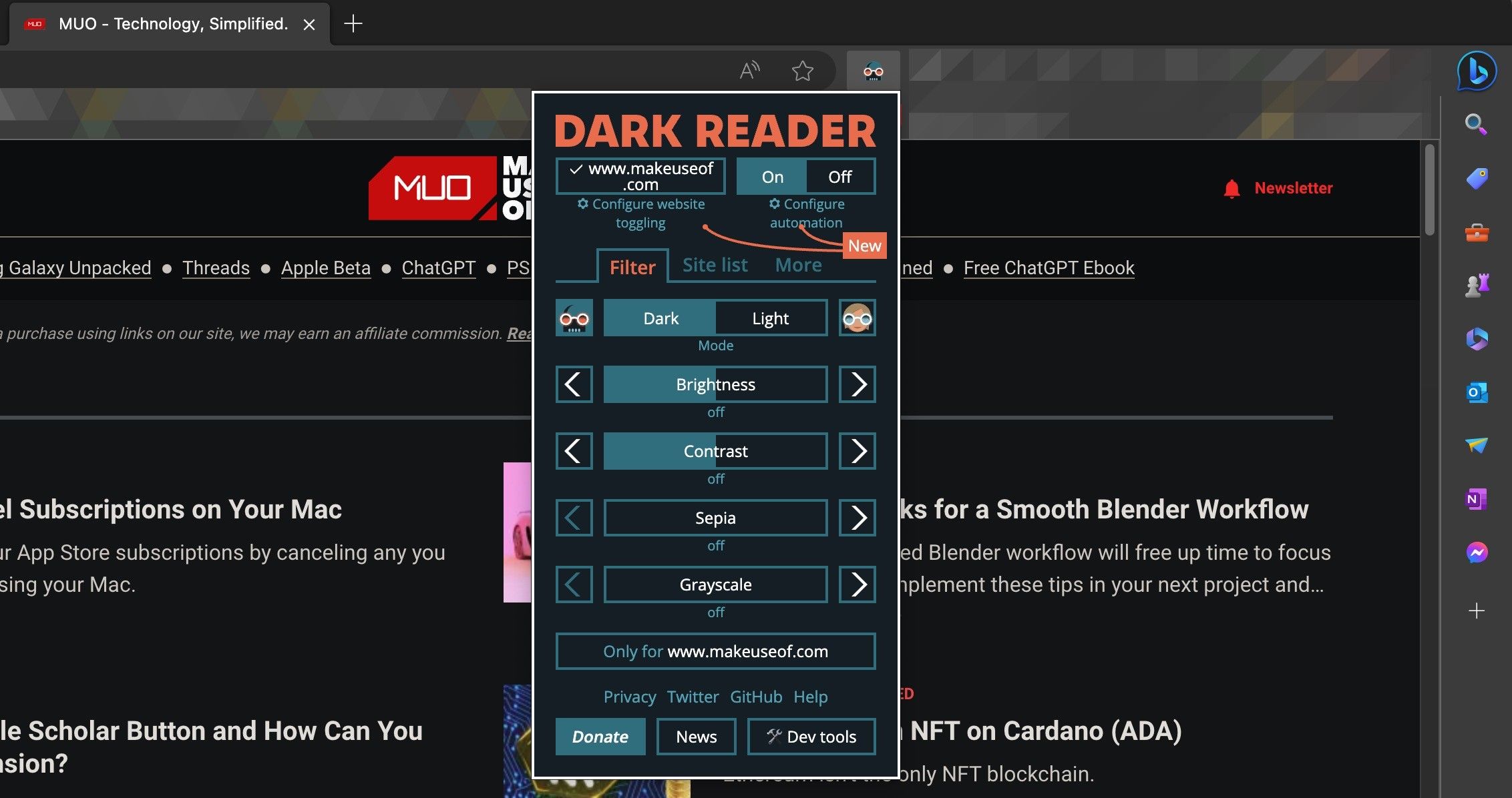 اسکرین شات افزونه Dark Reader را در Microsoft Edge نشان می دهد