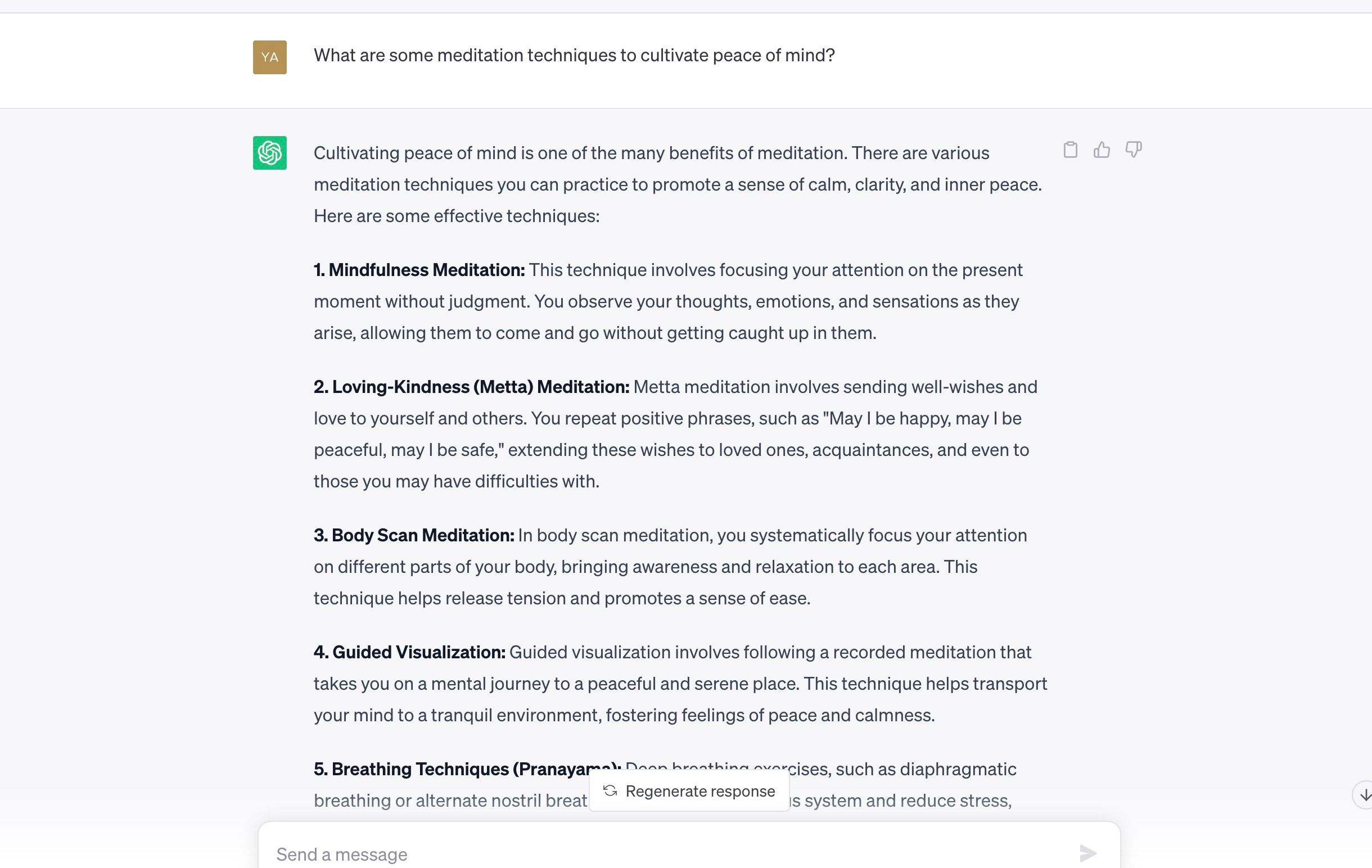 Screenshot of a ChatGPT response to meditation session