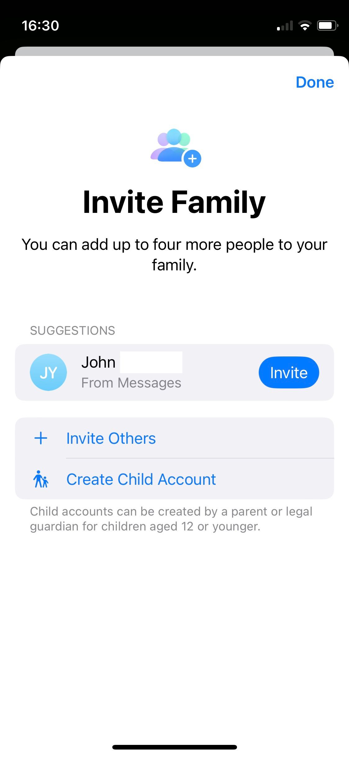 اسکرین شات از Apple Family Sharing Invite Family