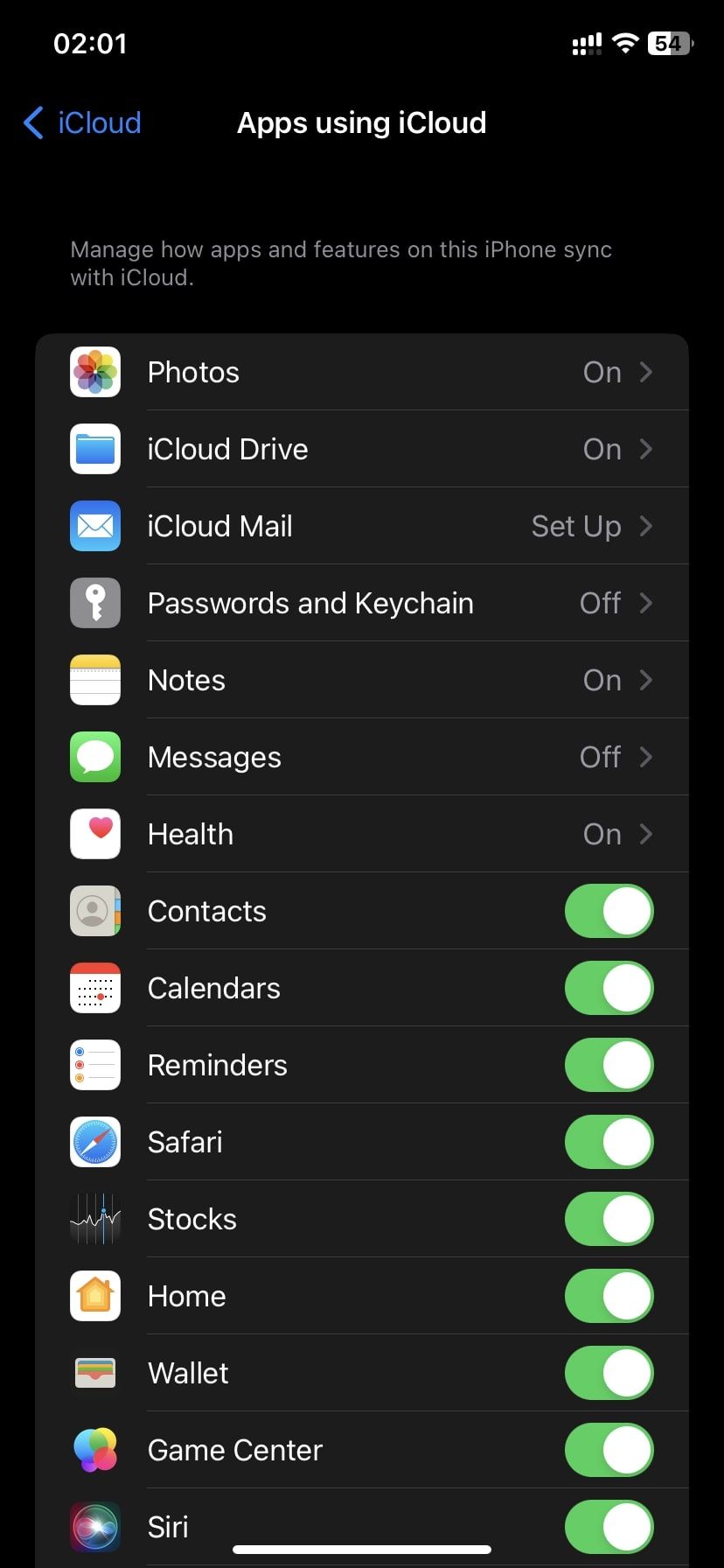 screenshot of apps using iCloud setting