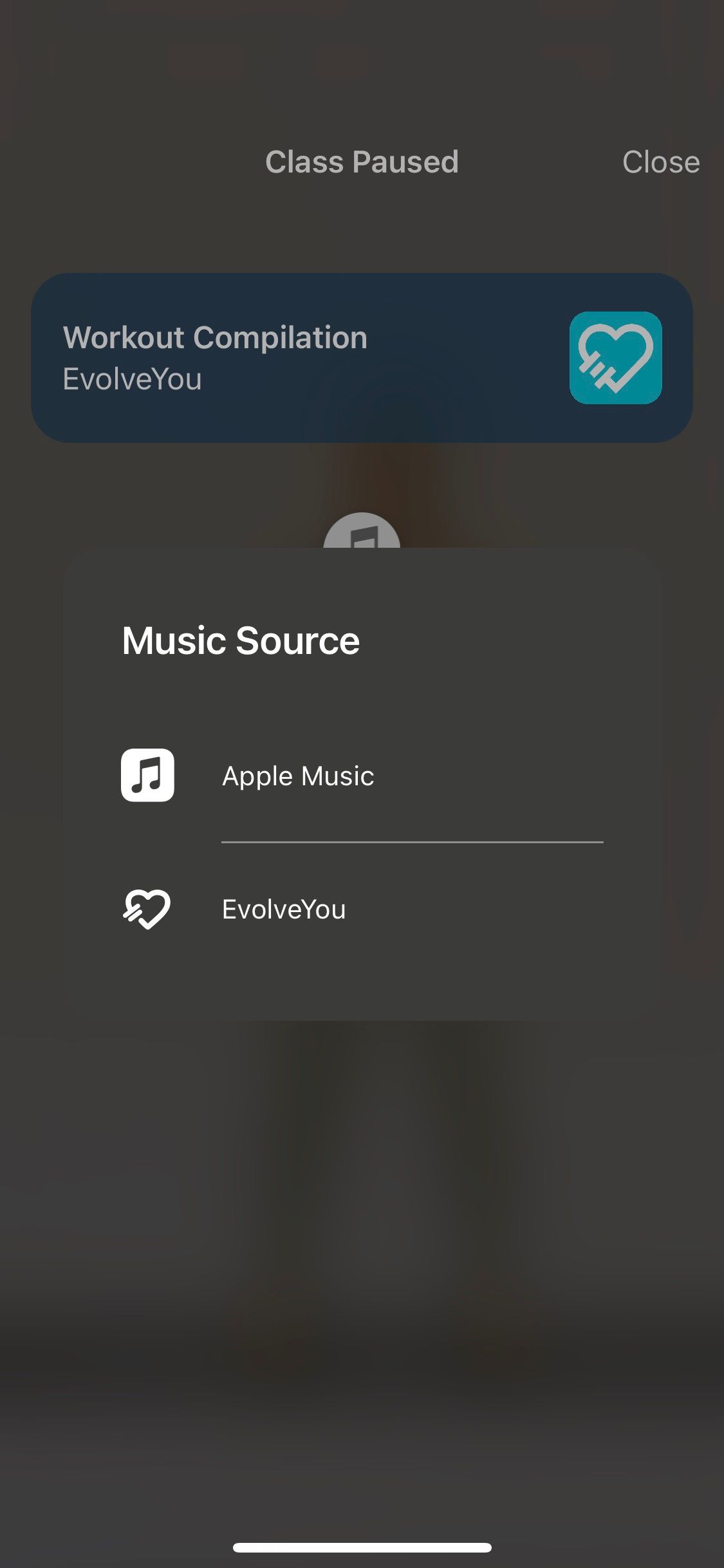 تصویری از برنامه EvolveYou که منبع موسیقی جایگزین Apple Music را نشان می دهد