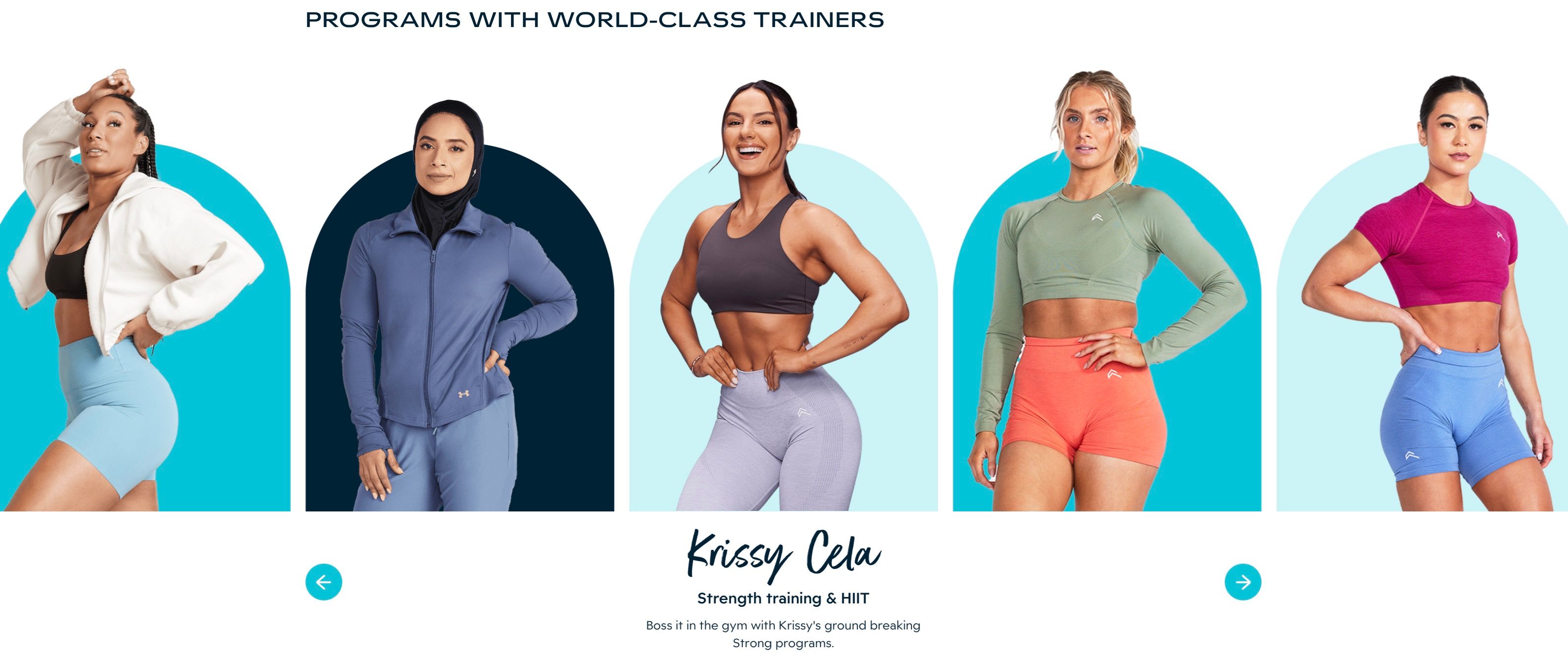 Screenshot of EvolveYou website showing Krissy Cela and fitness trainers