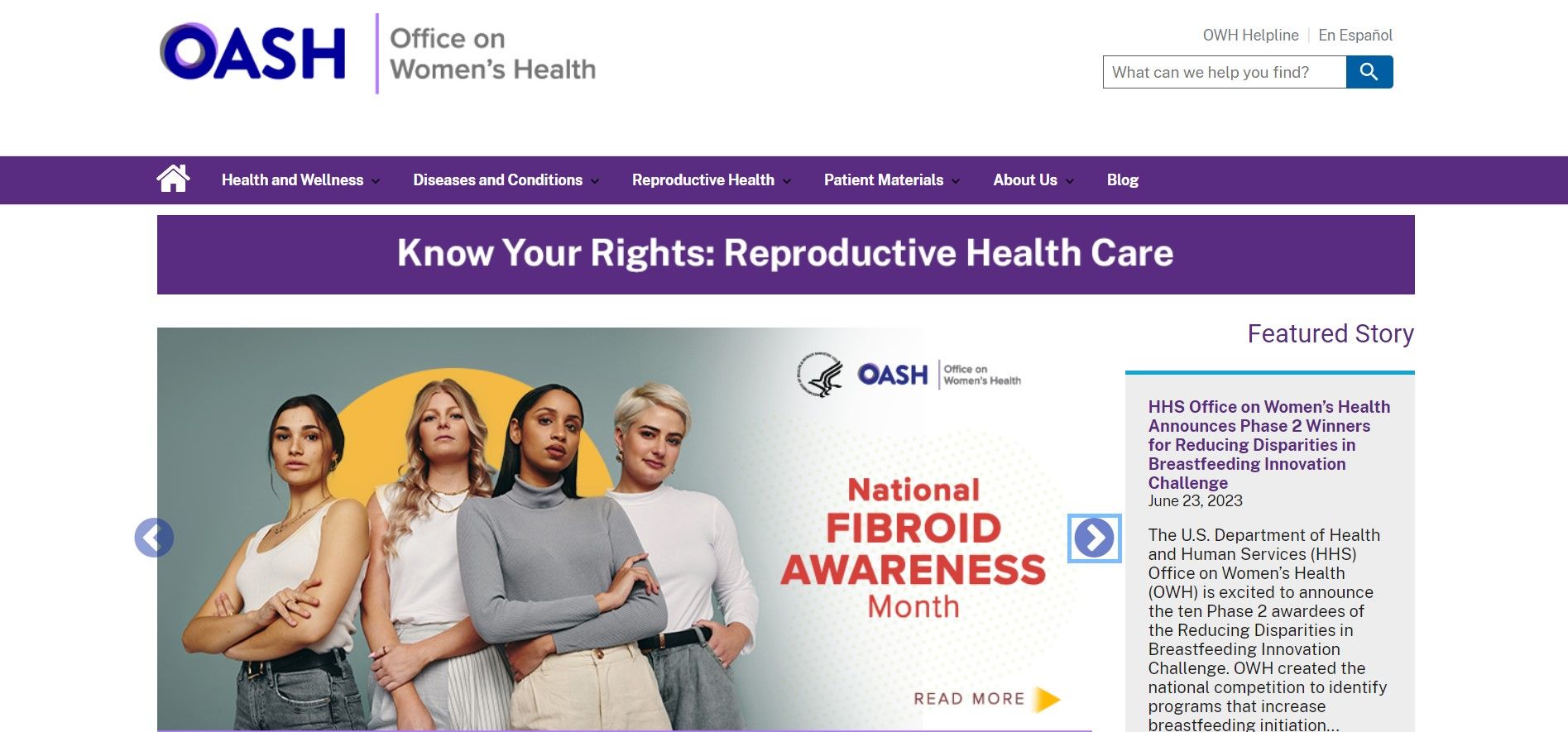 Screenshot of Office on Women's Health website