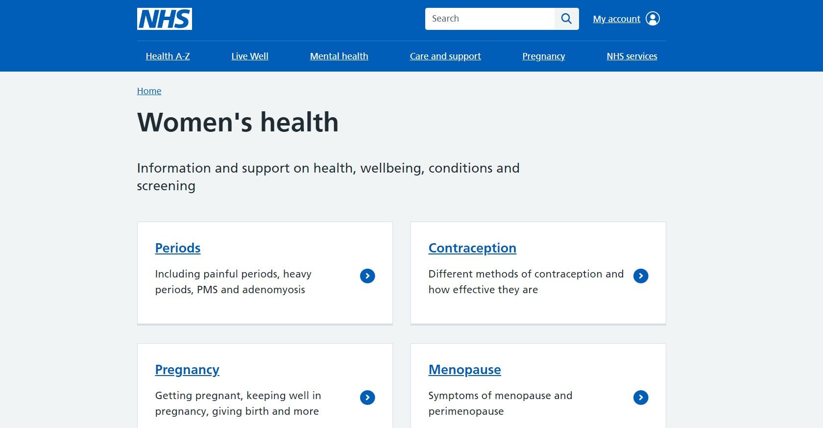 Screenshot of Women's Health on NHS website