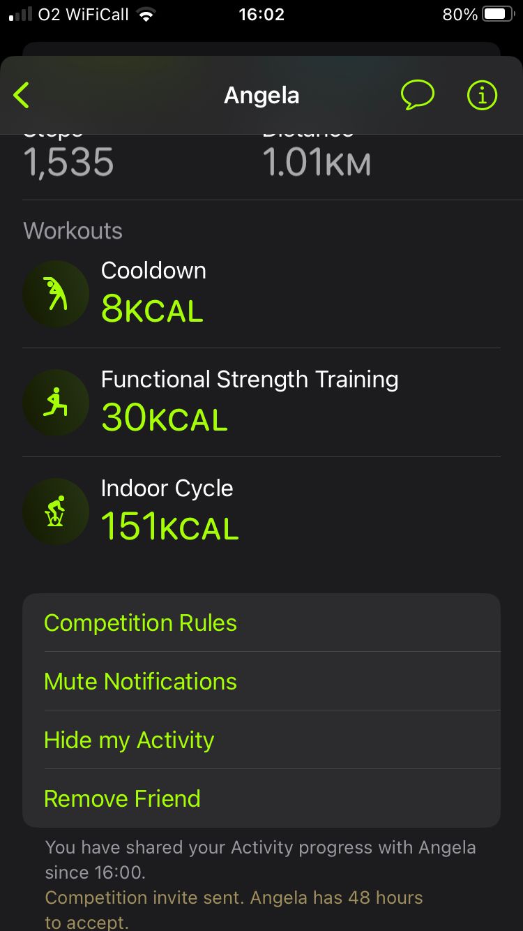 Screenshot showing privacy options on Share Activity With Friends on Apple Fitness