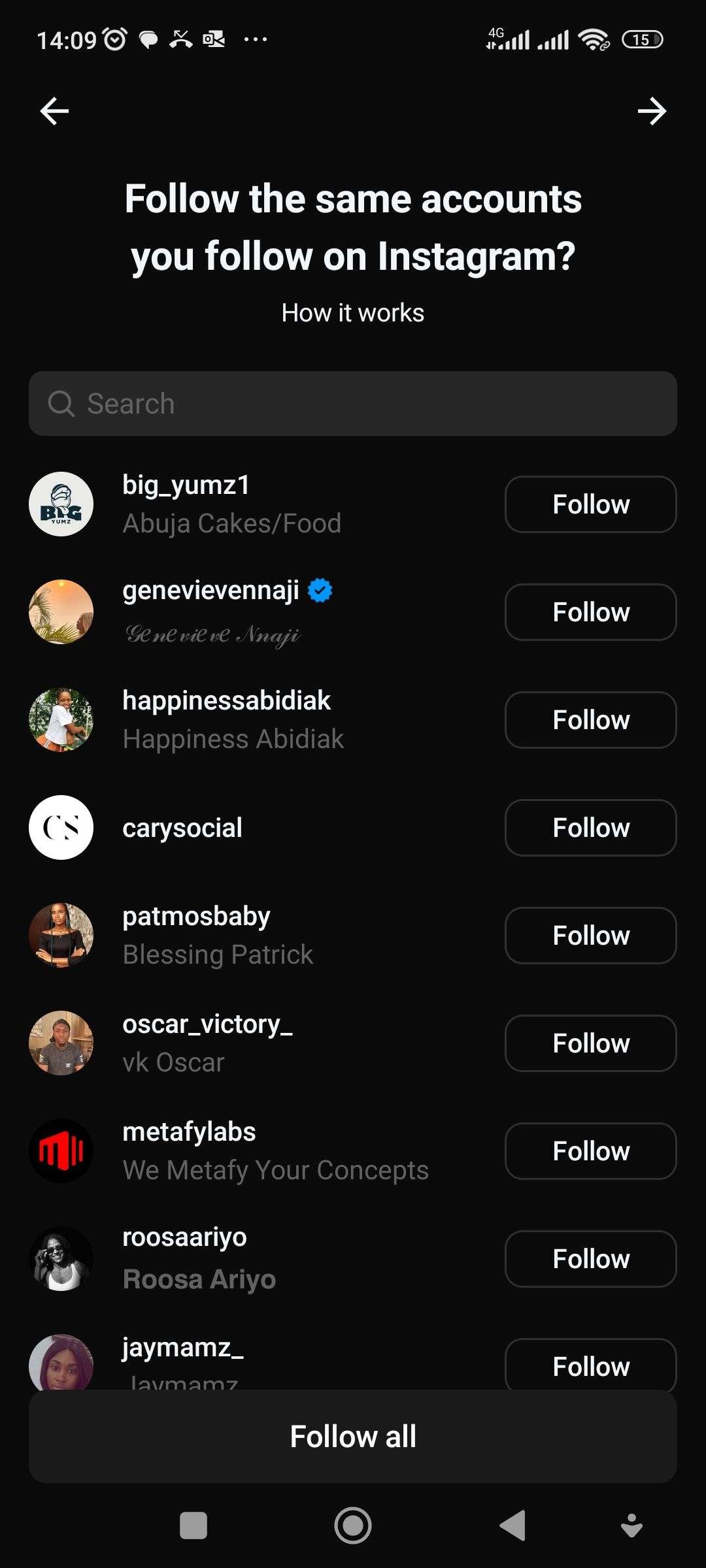 screenshot of the follow page on threads app