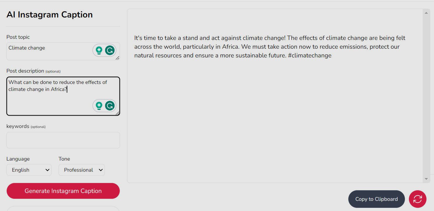 Tạo chú thích trên Instagram cho Biến đổi khí hậu với Scrip AI