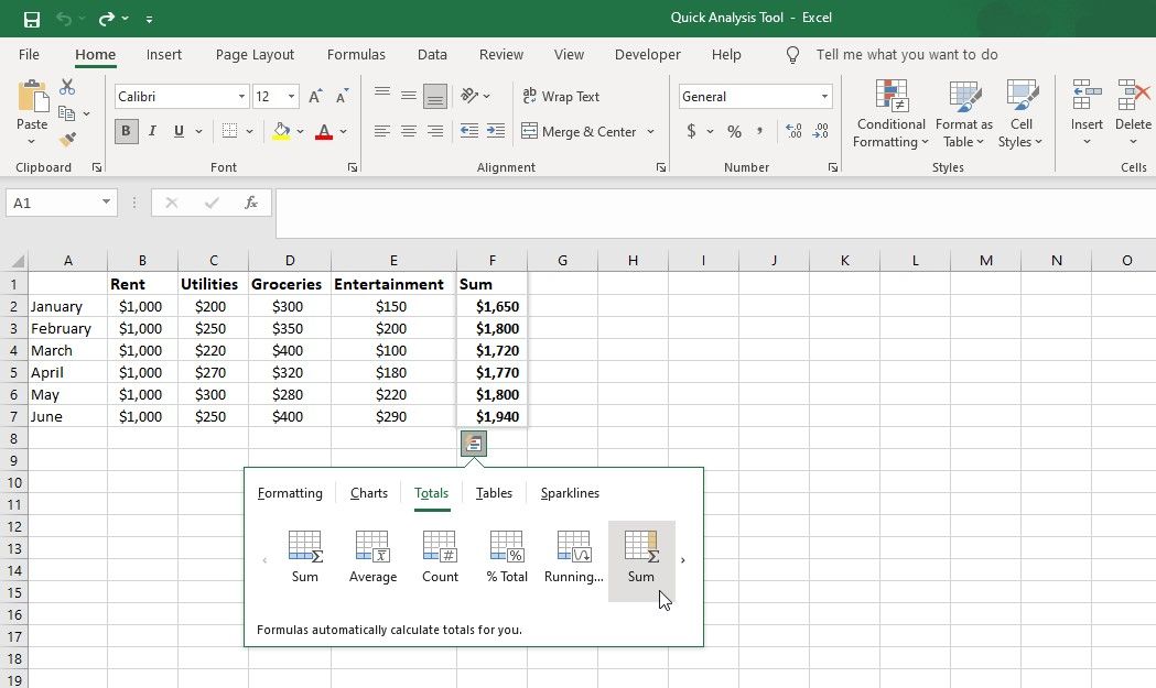Lấy tổng của nhiều hàng bằng Công cụ phân tích nhanh của Excel