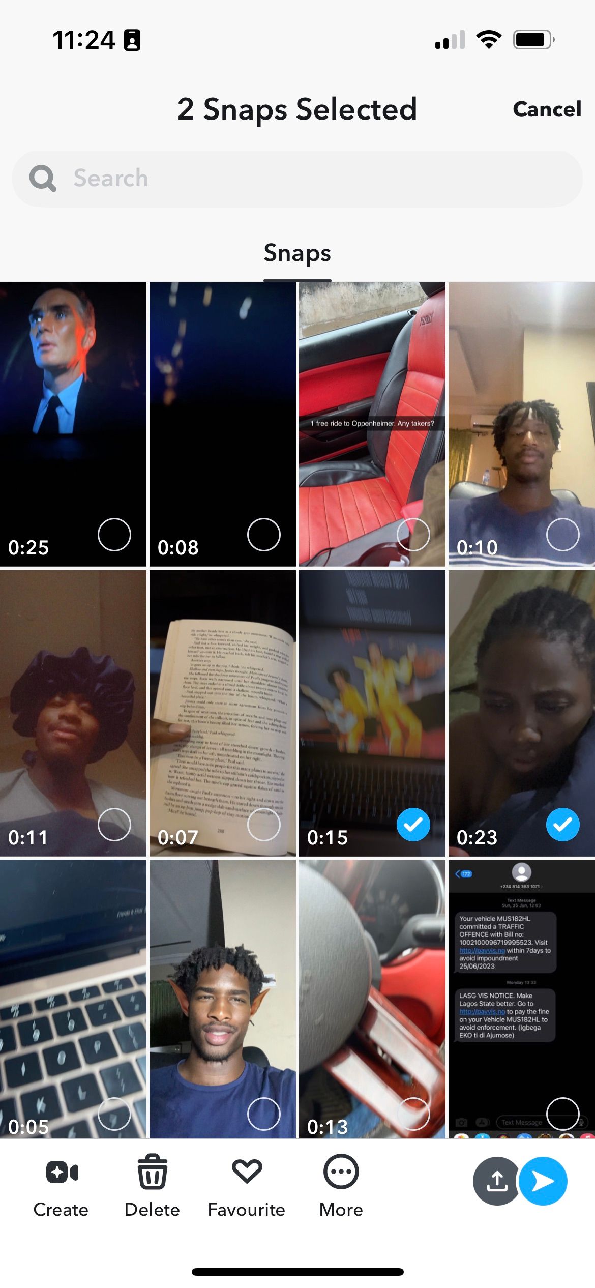 Selecting Snaps in Snapchat's Memories panel