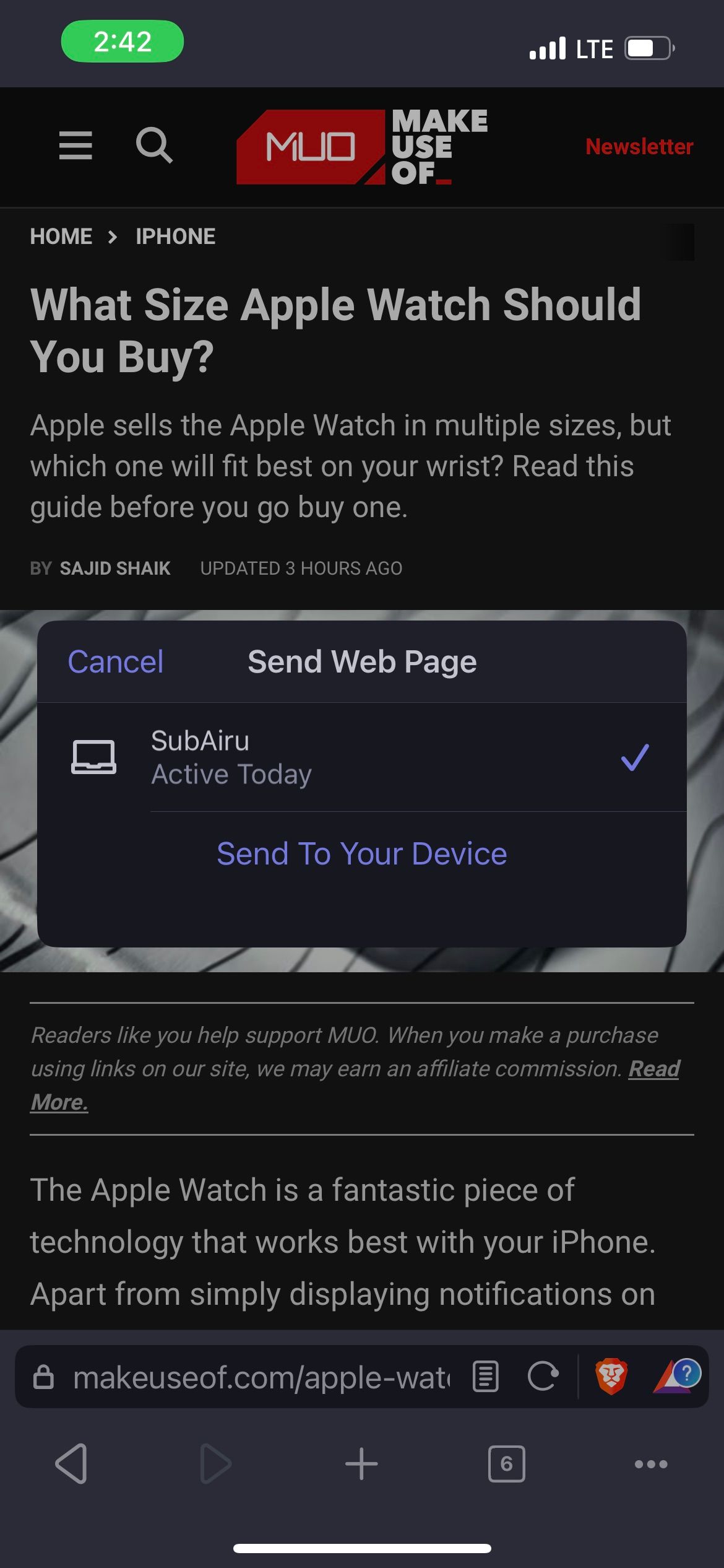 ارسال ویژگی صفحه وب در Brave برای iOS