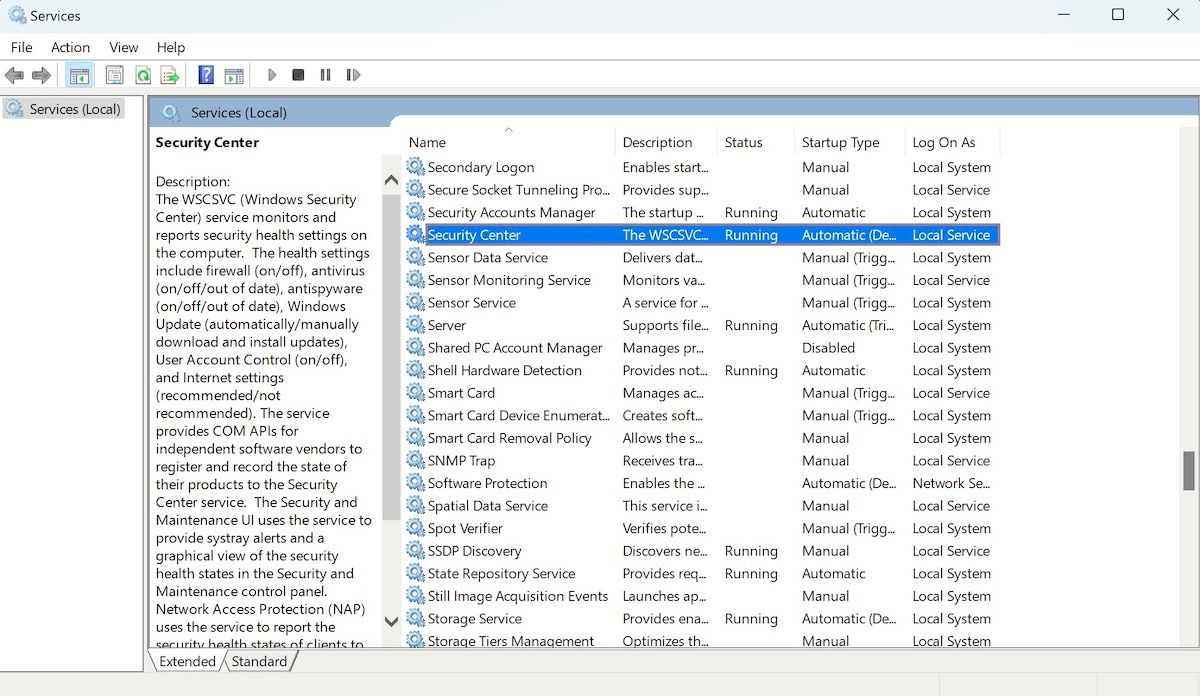 процесс работы служб безопасности в приложении "Службы" в Windows 11