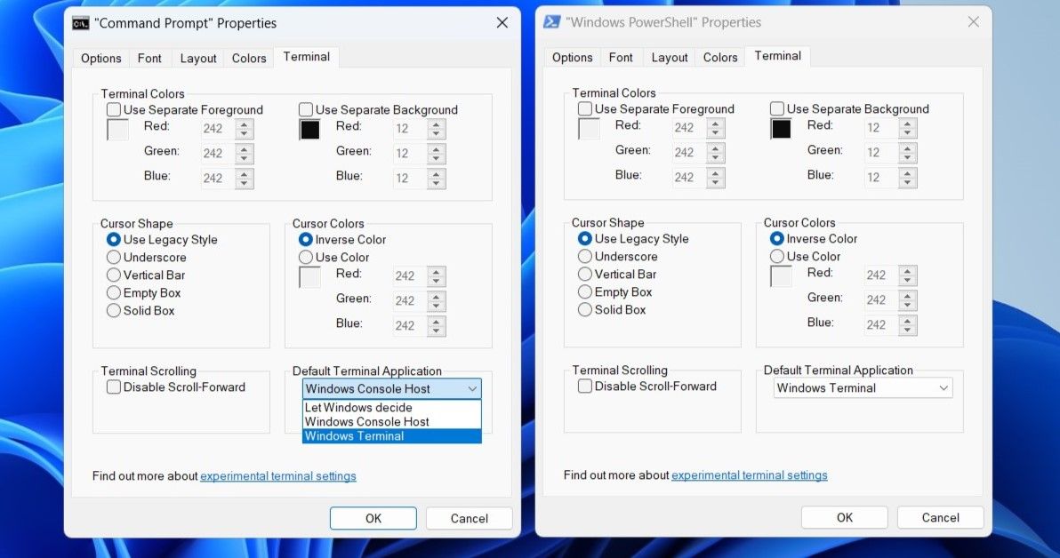 Установите Windows Terminal в качестве приложения по умолчанию через свойства консоли