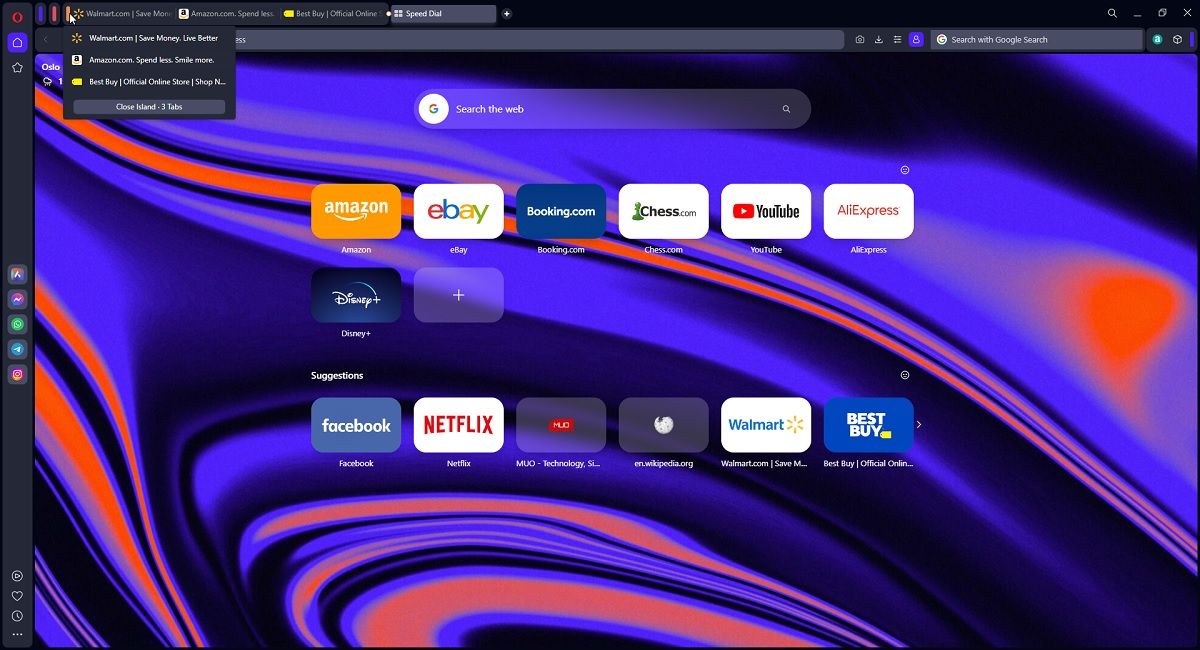 سه وب سایت خرید به عنوان یک Tab Island در Opera One گروه بندی شده اند.