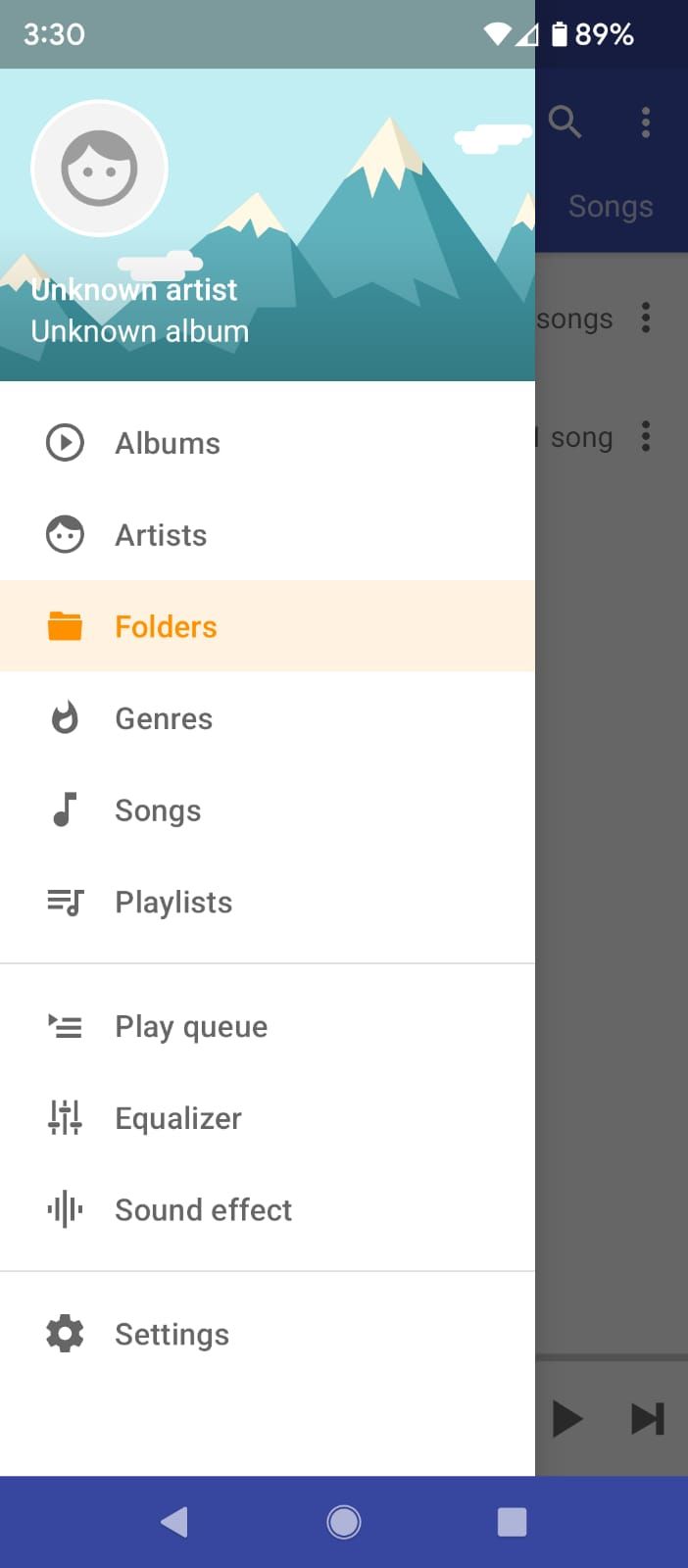 Sidebar menu and various options in Omnia Music Player