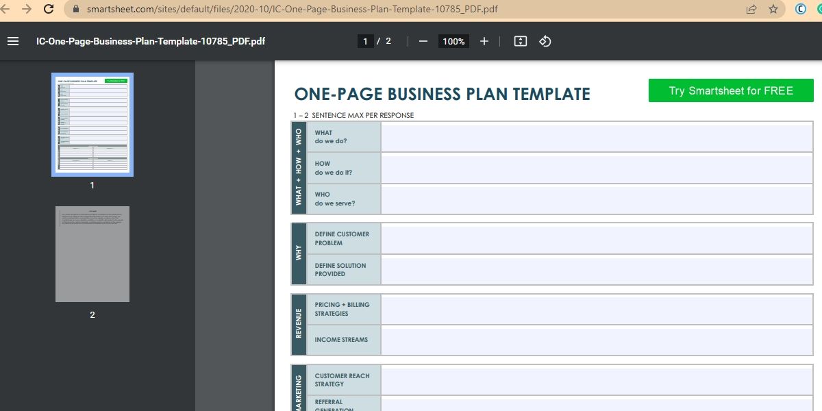 Smartsheet one page business plan template