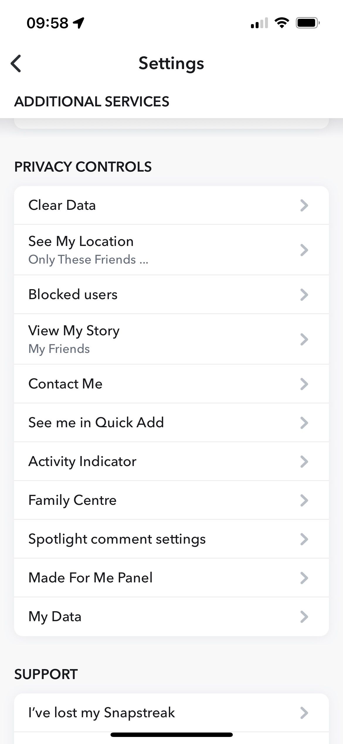 Snapchat's Privacy Controls section of its settings