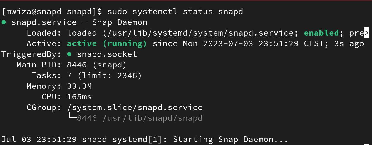 snapd service status on arch linux