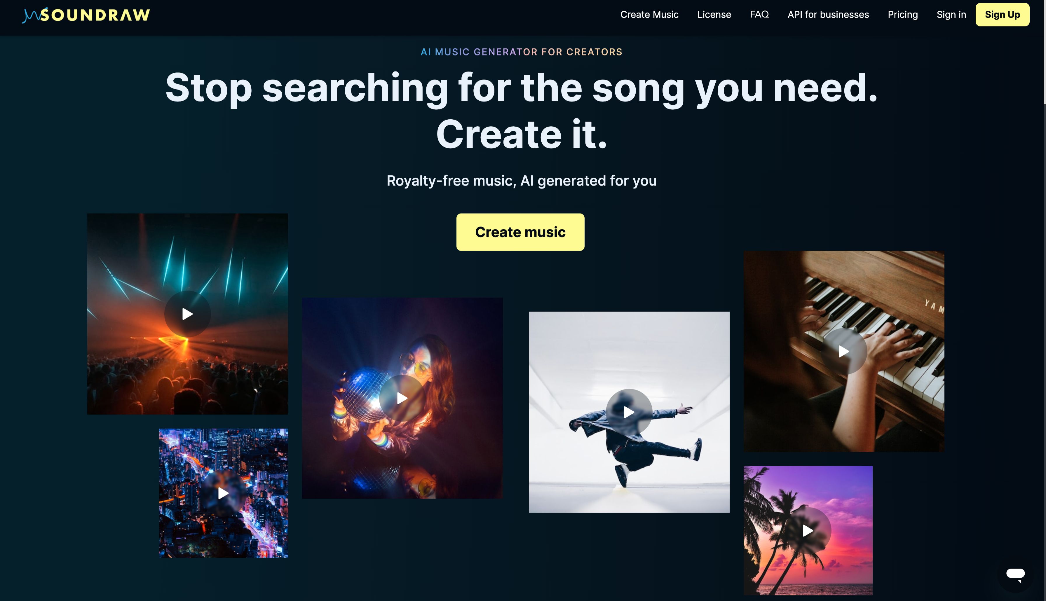Various music images cluttered on the homepage of Soundraw