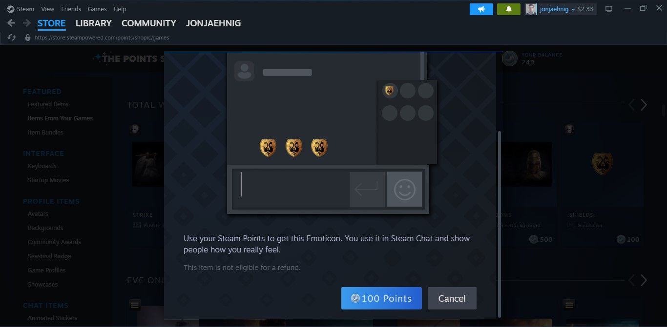 Previewing an item for sale on the Steam Points Shop