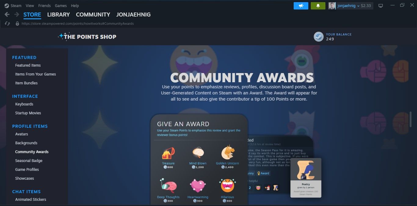 Community Awards that can be purchased with Steam Points