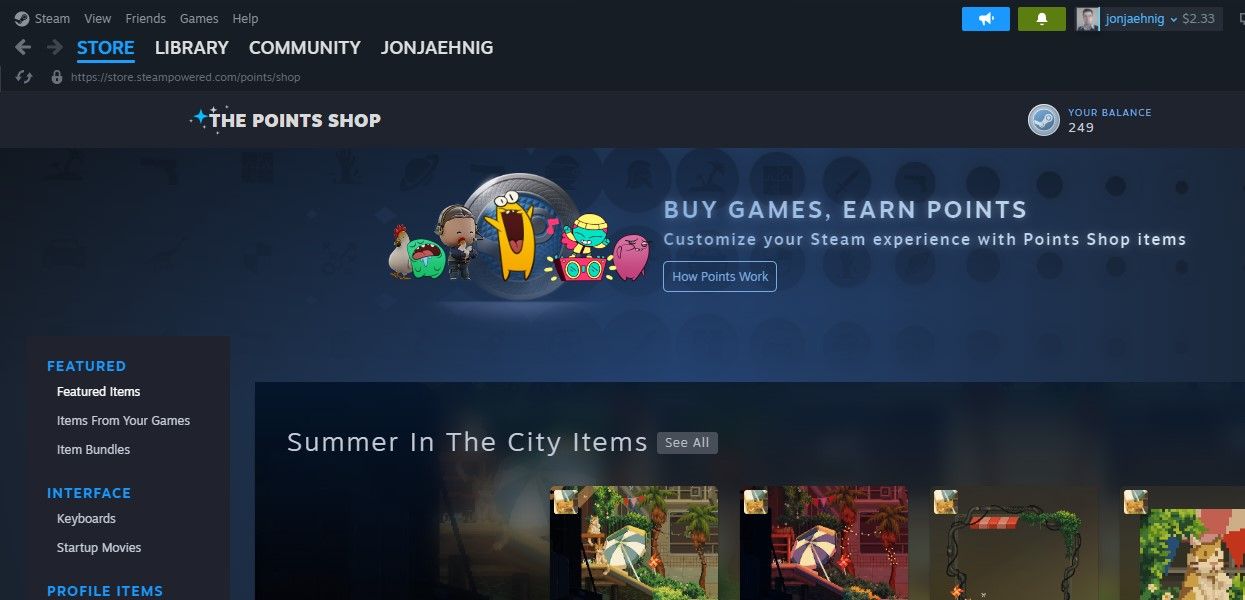 The Steam Points Shop homepage