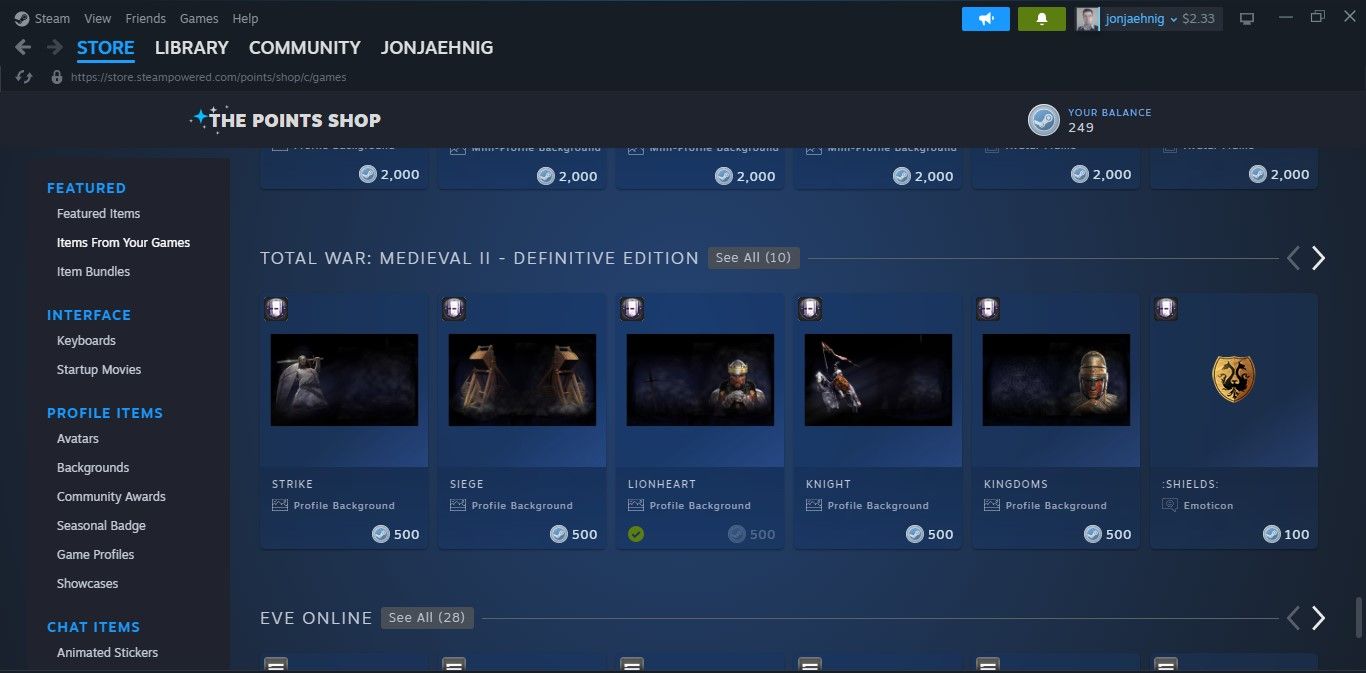 A selection of profile customization items on the Steam Points Shop