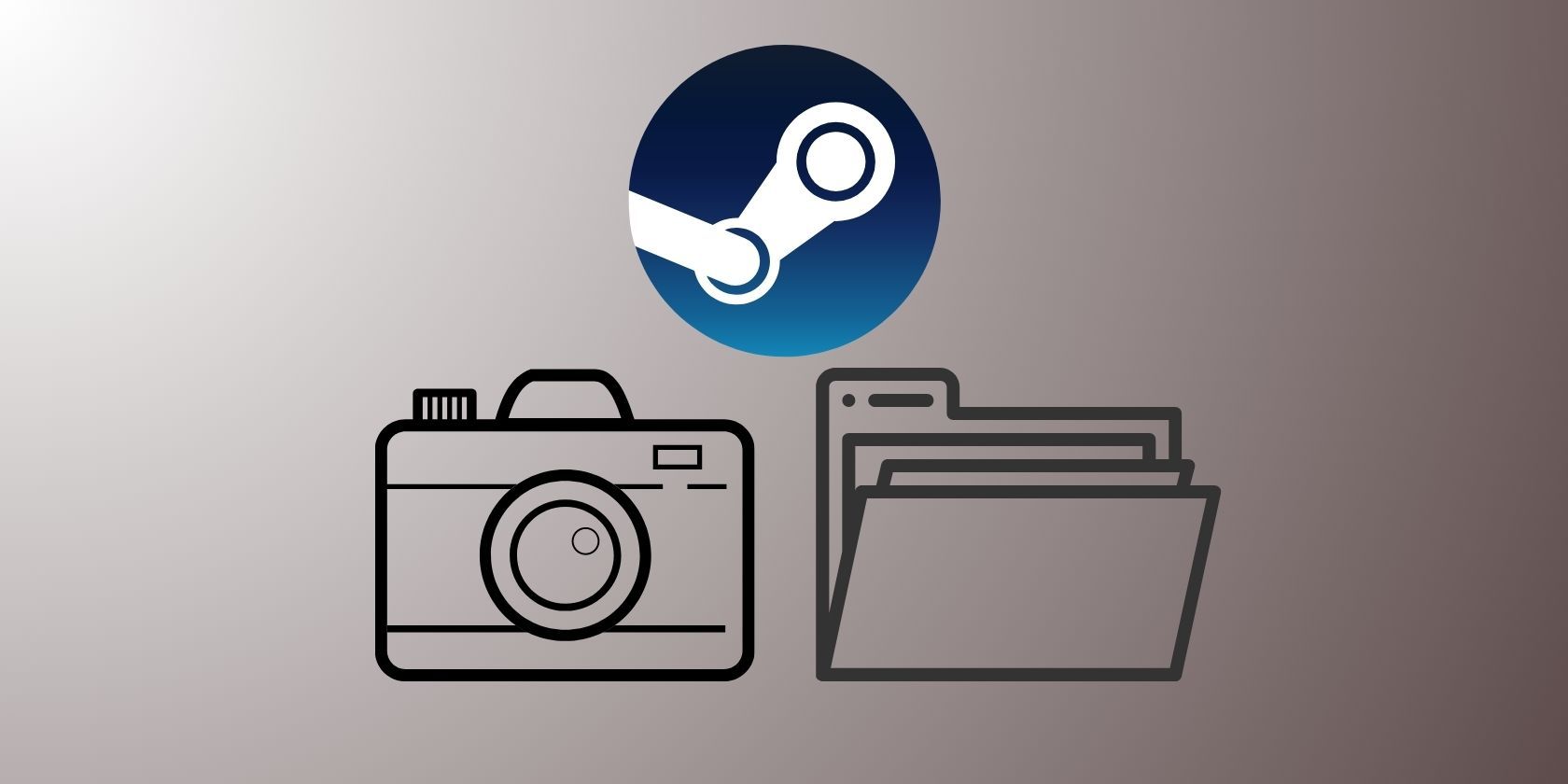 The Steam logo with cartoon vectors of a camera and file on a gray background