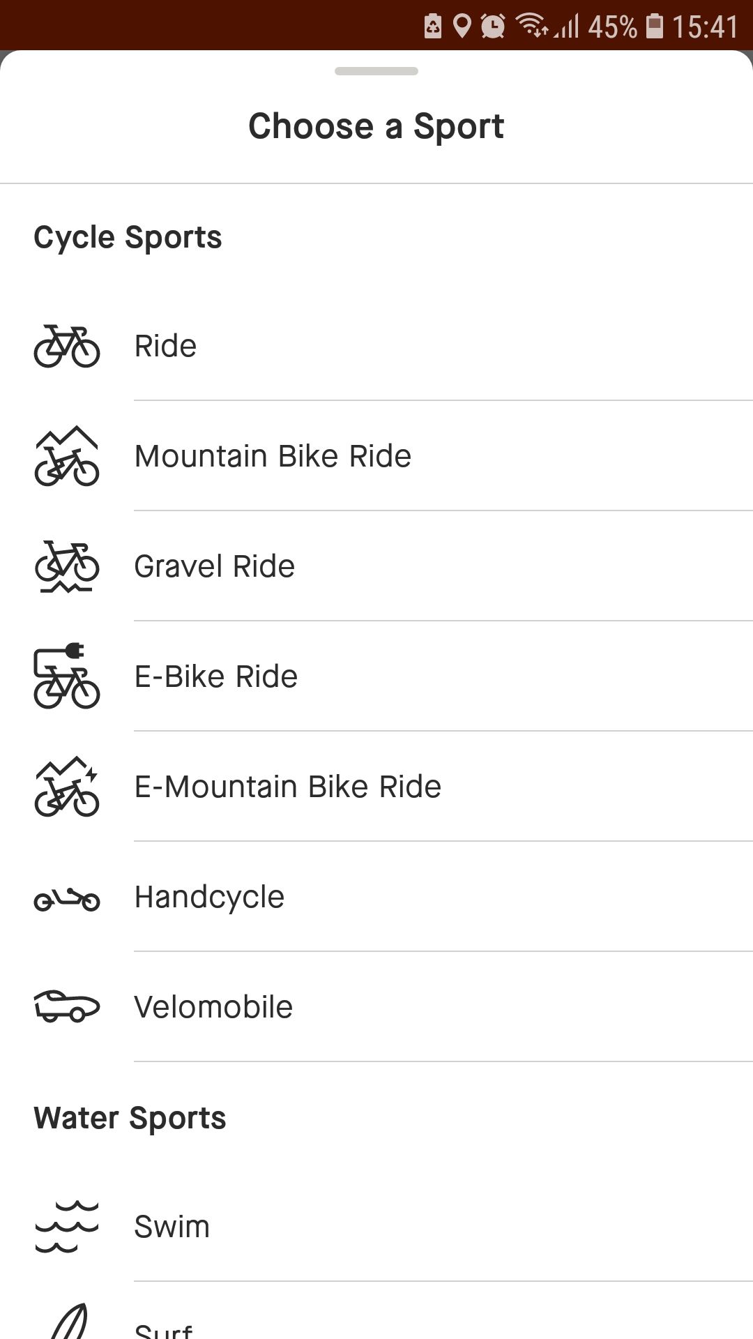 ردیابی تناسب اندام Strava یک ورزش را انتخاب کنید