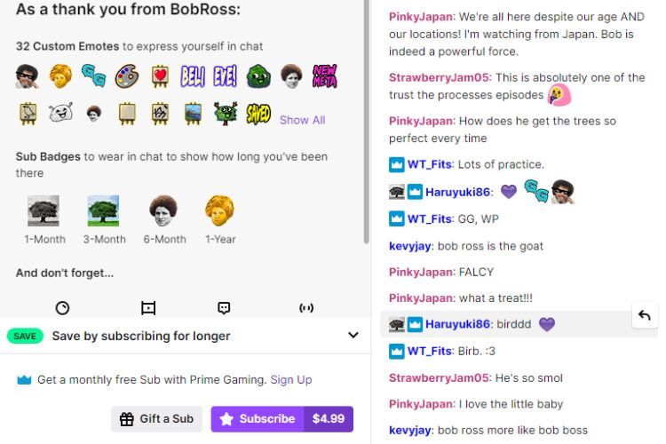 A pop up showing viewers how to subscribe to the Bob Ross channel on Twitch